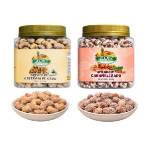 kit castanha de caju doce crocante 370g e amendoim caramelizado 350g hanjin