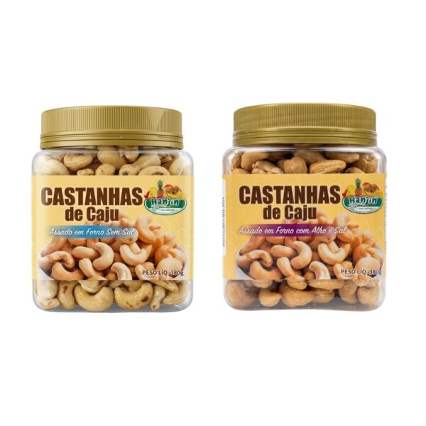 kit castanha de caju sem sal,com alho e sal pote 380g x2 assada sem Óleo hanjin